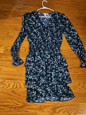Michael Kors Floral Tiered Long-Sleeve Dress - Navy Green